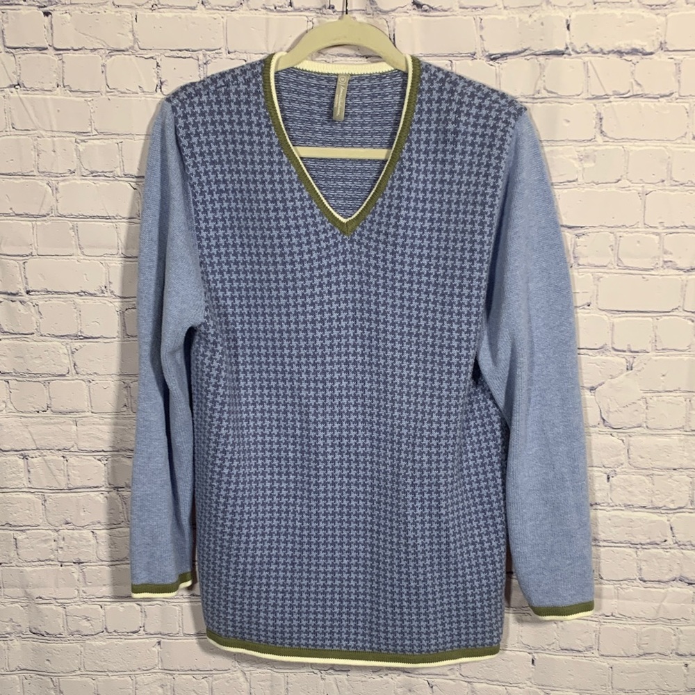Hanna Anderson Mens Square Textile Houndstooth V-Neck Sweater Blue Green Size M